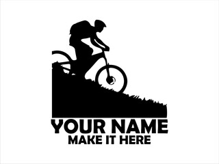 Silhouette of mountain biker riding uphill on a grassy terrain under a clear sky. mountain biker with white background and mountain biker logo vector design