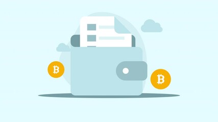 Crypto wallet animation with blue document bitcoin symbols for security. Suitable for cryptocurrency blogs, articles, financial websites, and blockchain technology designs.