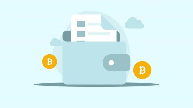 Crypto wallet animation with blue document bitcoin symbols for security. Suitable for cryptocurrency blogs, articles, financial websites, and blockchain technology designs.