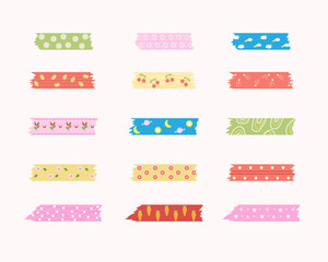 Assorted colorful patterned washi tape strips.