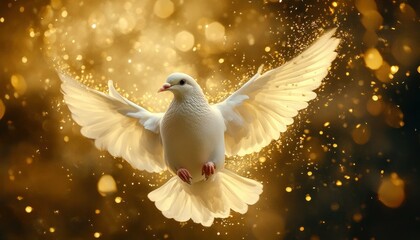 Fototapeta premium Ethereal flight: a white dove ascending amidst golden light and shimmering orbs