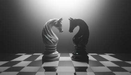 Monochrome Chess Knights Face-Off on a Board, Symbolizing Strategy and Rivalry