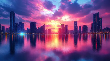 Obraz premium Vibrant urban skyline reflecting in calm water at sunset