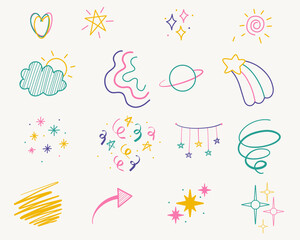 Collection of colorful doodle design elements.