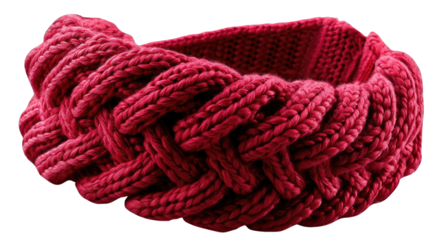 Cozy Knitted Headband: A close-up view showcases a meticulously crafted, richly textured knitted headband in a vibrant hue, radiating warmth and artisanal elegance.