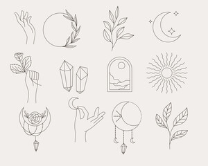 Minimalist line art collection of celestial and botanical elements.