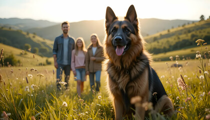 German Shepherd sitting in a field with family at sunset