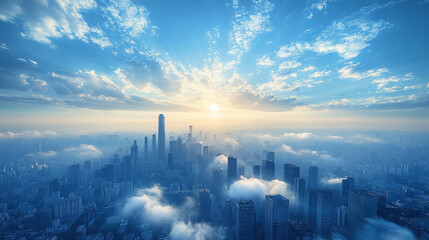 Fototapeta premium breathtaking city skyline emerges through clouds at sunrise, blending nature and architecture