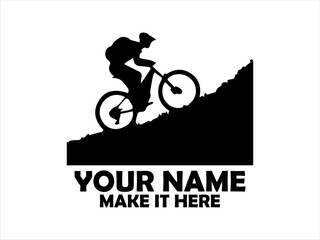 Fototapeta premium Silhouette of mountain biker riding uphill on a grassy terrain under a clear sky. mountain biker with white background and mountain biker logo vector design