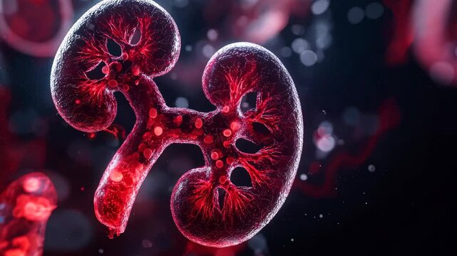 High-resolution illustration showcasing the intricate structure of human kidneys, emphasizing the vascular network and red color representation, ideal for educational and medical use.