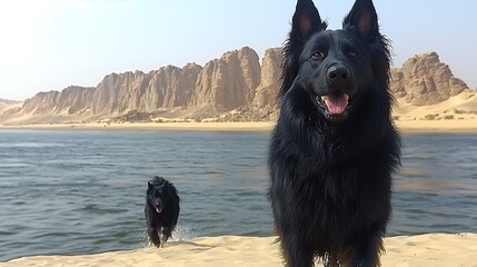 Dogs by River, Desert Landscape