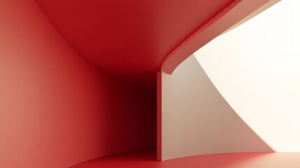 Abstract architectural scene showing a curved wall corner and a matte red ceiling for digital artwork insertion