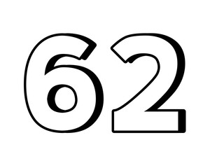 number 62 on transparent background,white color with a bold, 3D appearance and shadow effects for added depth and dimension for design elements
