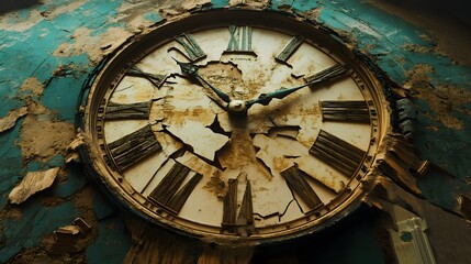 Decayed clock face in a crumbling building