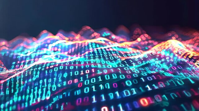 Experience a captivating digital landscape showcasing vibrant waves of binary code, symbolizing data flow in modern technology and innovation.