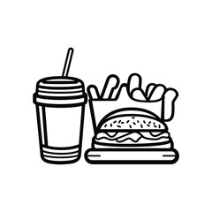 Burger with Fries and Drink Outline on Transparent Background, Fast Food Icon