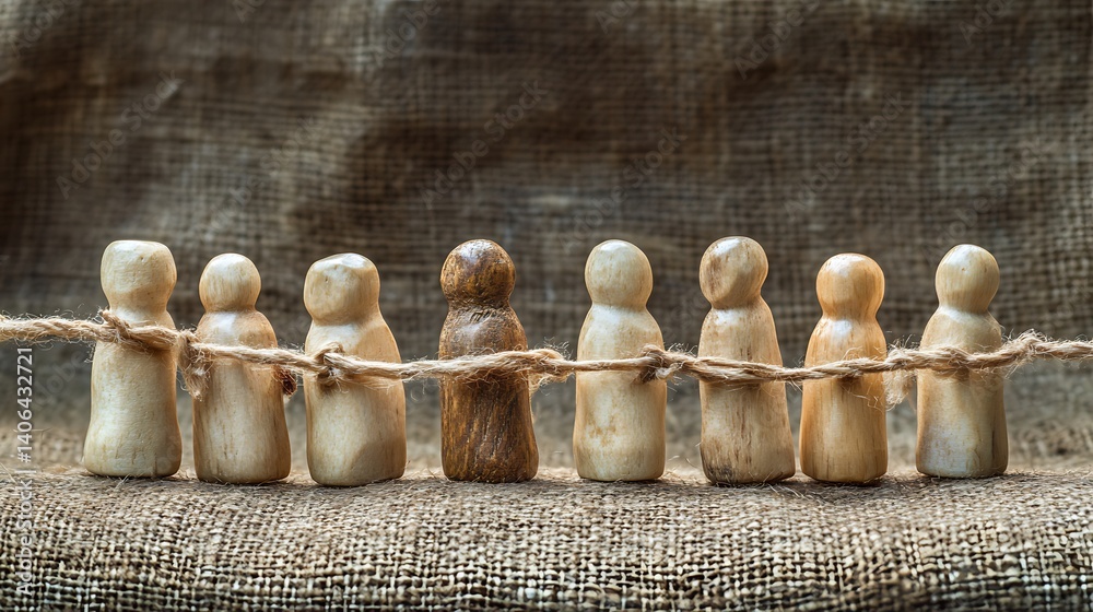 Fototapete unity and diversity concept: wooden figures stand together, tied by rope, symbolizing connection and