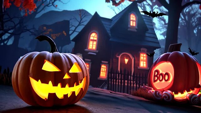 A visually striking Halloween scene featuring glowing pumpkins amidst a dark, haunted house. Bats flutter in the night sky, enhancing the spooky atmosphere.