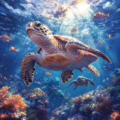 Obraz premium Sea Turtle Underwater Photo With Coral Reef And Fish In Turquoise Water