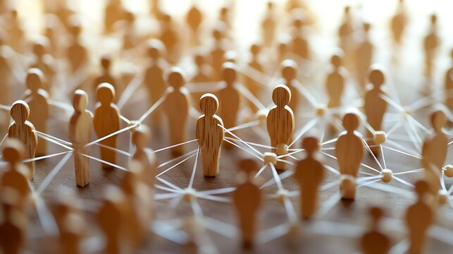 Interconnectedness of wooden figures, symbolizing global network connections, social media, or community relationships. The lines suggest communication.