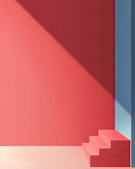 Obraz premium Minimalist Red And Blue Geometric Steps Against A Coral Wall