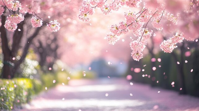 Delicate pink blossoms form a beautiful arch along a tranquil pathway