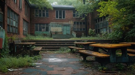 Obraz premium Abandoned school courtyard with decaying picnic tables