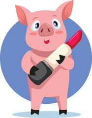 Funny Pig Holding a Lipstick Feeling Attractive Vector Cartoon. Animal wants to beautify itself but ends up being ridiculous  
