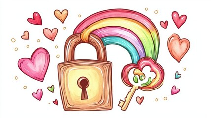 Colorful lock and key with rainbow and hearts, symbolizing love.