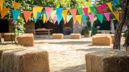 Outdoor scene featuring hay bale seating and colorful bunting, creating a festive and rustic atmosphere for an event or gathering.