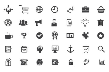 A professional corporate icon set featuring clean line graphics of business concepts like teamwork, success, strategy, communication, and digital solutions.