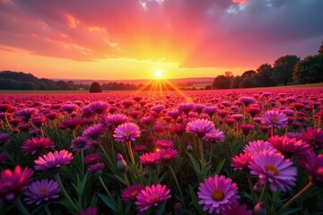 Obraz premium Crimson sun rises over a field of late-blooming asters , background, beauty, sky