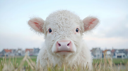 Obraz premium Adorable white calf portrait close up farm animal soft light nature photography