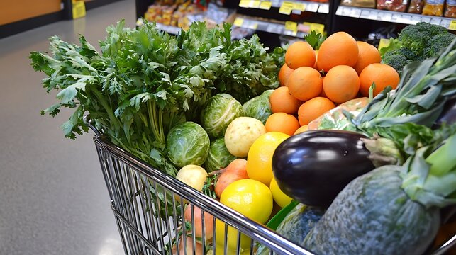 A shopping cart is overflowing with an assortment of fresh produce at the grocery store, including fruits and vegetables for a healthy meal.
