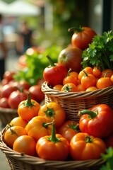 Crisp, bright vegetables spilling from baskets , lettuce, vegetables