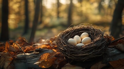 Obraz premium cozy nest with white eggs on tree trunk in natural setting