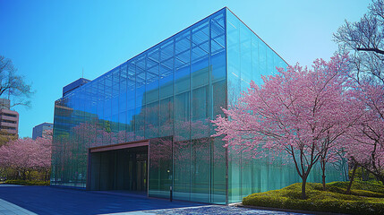 Glass building with pink spring trees creates vibrant contrast