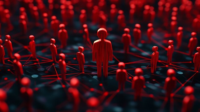 Interconnected figures create a network effect, representing social media influence and connection, with the leader as a focal point.