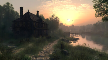 Misty sunrise over quaint village