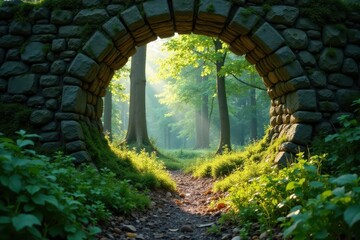 Obraz premium Crumbling stone arch, emerald moss blanket Sun-dappled woods, quiet solitude , dark, forest