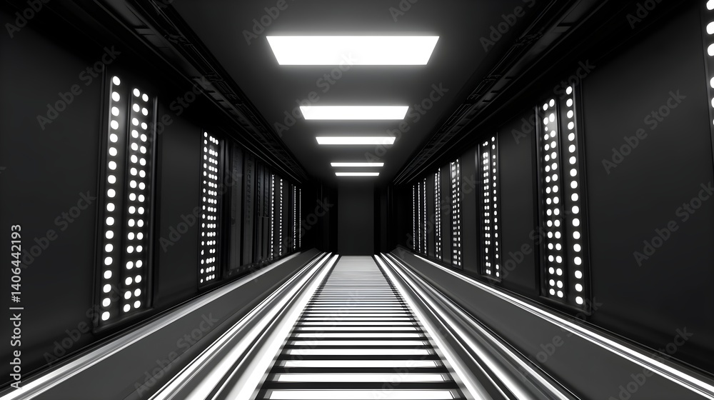 Poster futuristic corridor showcase virtual space 3d rendering abstract environment low angle view surreal 