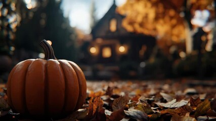 A vibrant orange pumpkin rests amidst a carpet of colorful autumn leaves, with a cozy cottage in the background, capturing the essence of fall.