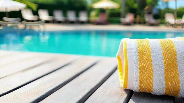 A bright yellow striped towel rests on a wooden deck by a sparkling swimming pool, creating a vibrant scene perfect for summer relaxation and leisure activities.