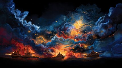 Fototapeta premium Generic Cosmic Flare Scene Warships Glow Battling