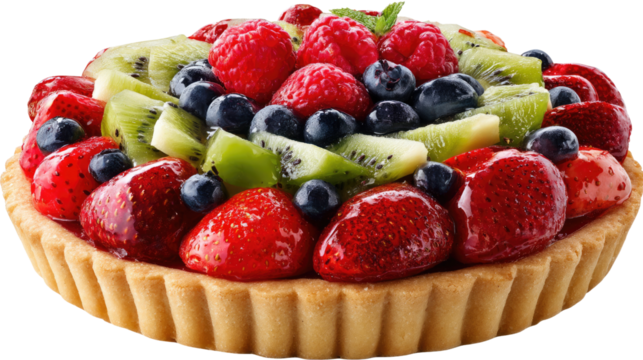 Fruit Tart Delight: A delectable fruit tart bursting with fresh strawberries, blueberries, raspberries, and kiwi slices, adorned with a glossy glaze.