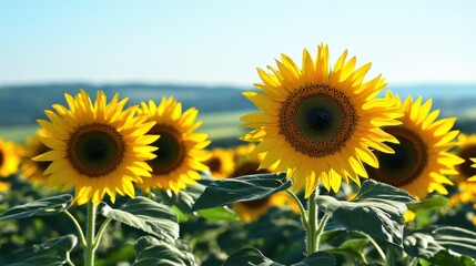 Fototapeta premium Vibrant yellow sunflowers in a field, under a clear blue sky. Summer beauty