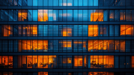 Illuminated modern office building facade with vibrant orange and blue lights