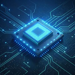 Fototapeta premium Futuristic CPU chip glowing on a dark circuit board. Perfect for tech, computing, and innovation themes.