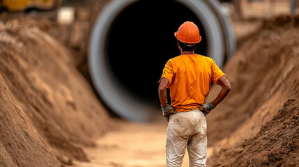Construction Worker Standing Before A Large Concrete Tunnel Entrance In A Construction Site Wearing Orange Safety Helmet And Yellow Shirt