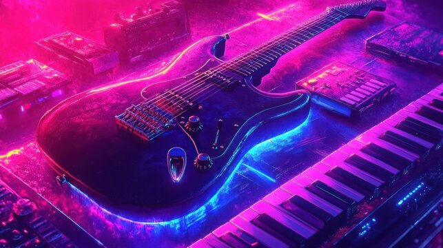 Electric guitar and keyboard in neon glow - Powered by Adobe